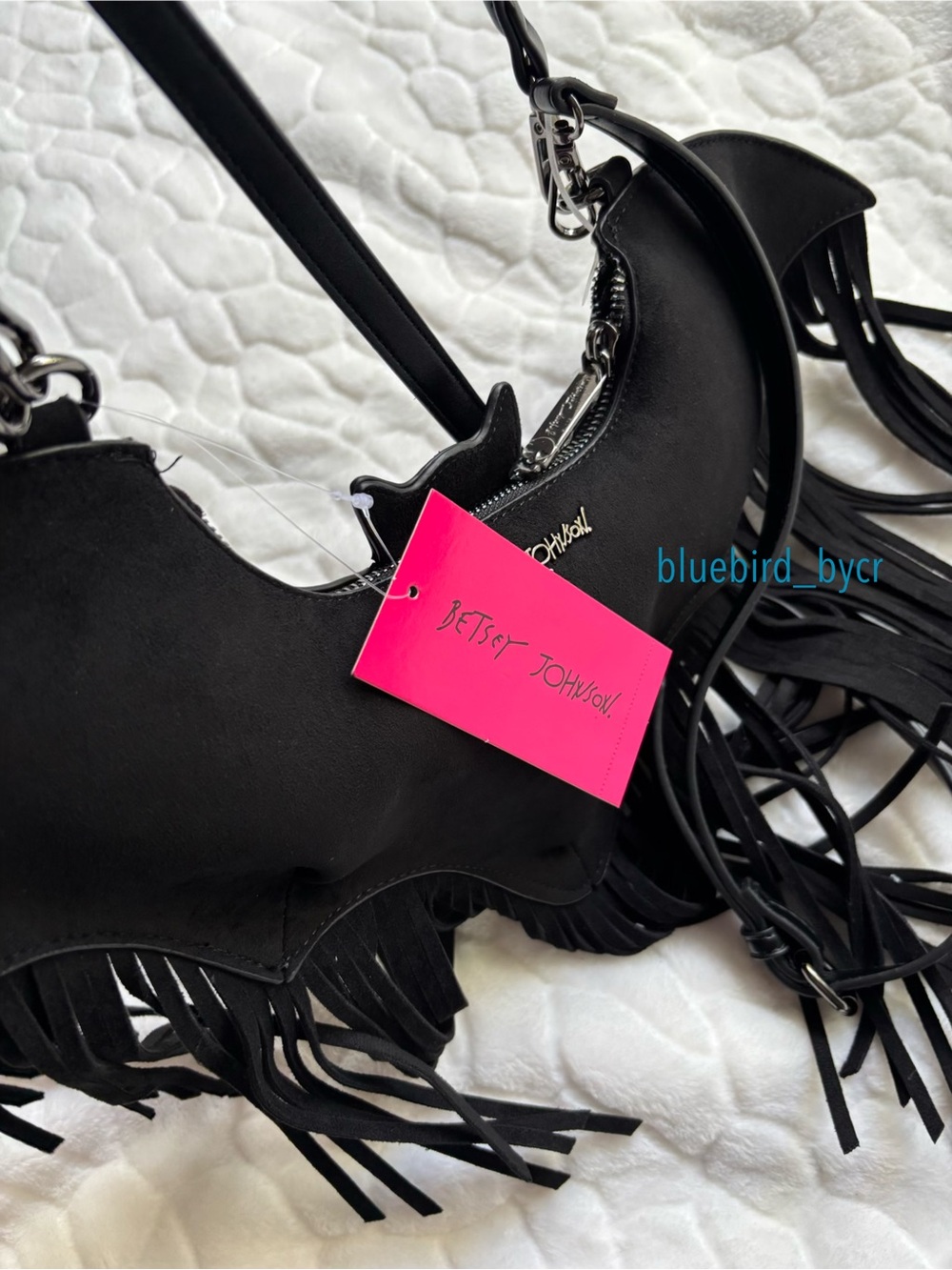 Betsey Johnson Black Bat-Shaped Crossbody Bag with Fringe - Picture 3 of 13